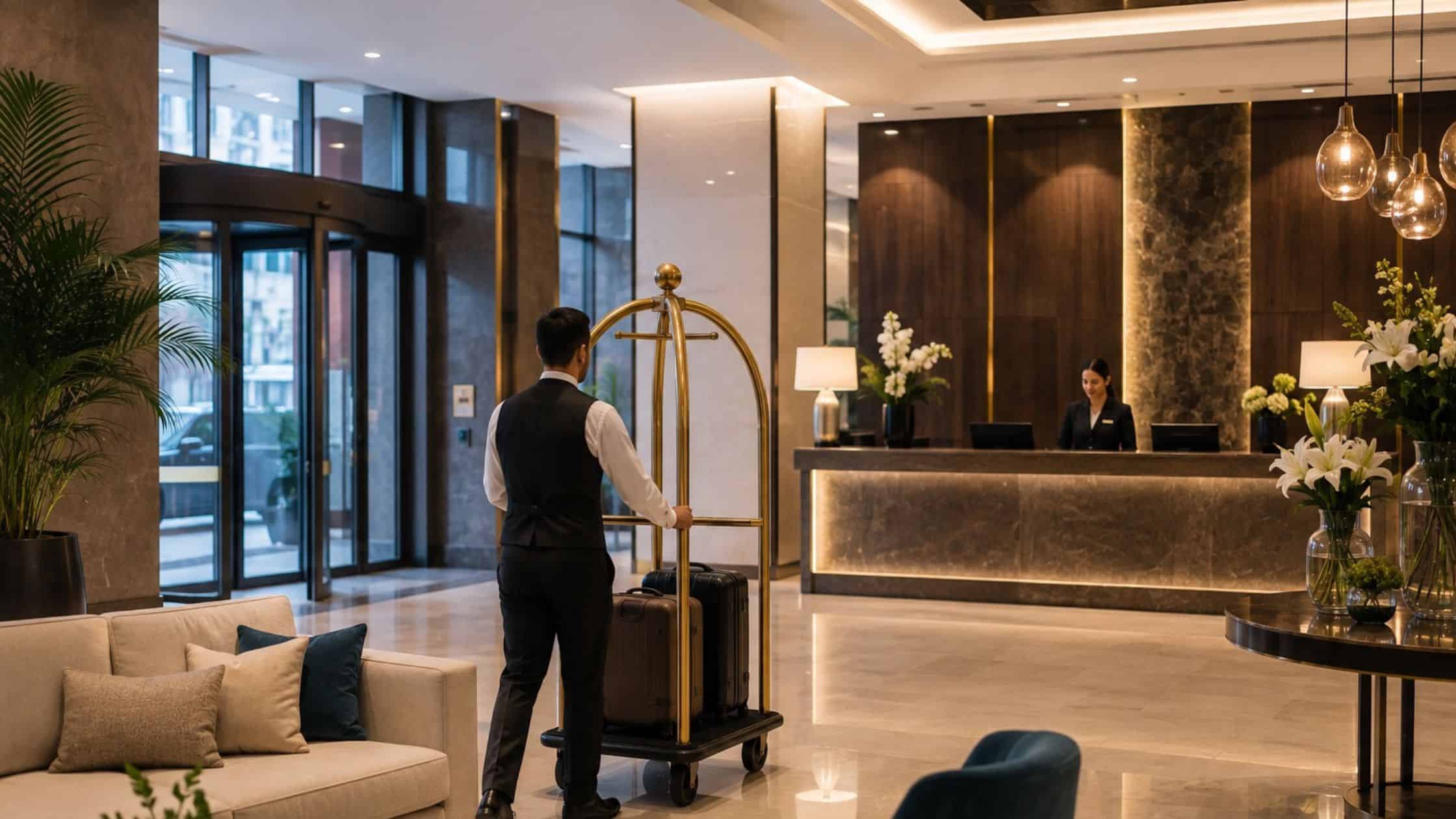 Hotel employees working in a luxury hotel representing minimum hotel staffing requirements and employee-to-room ratios