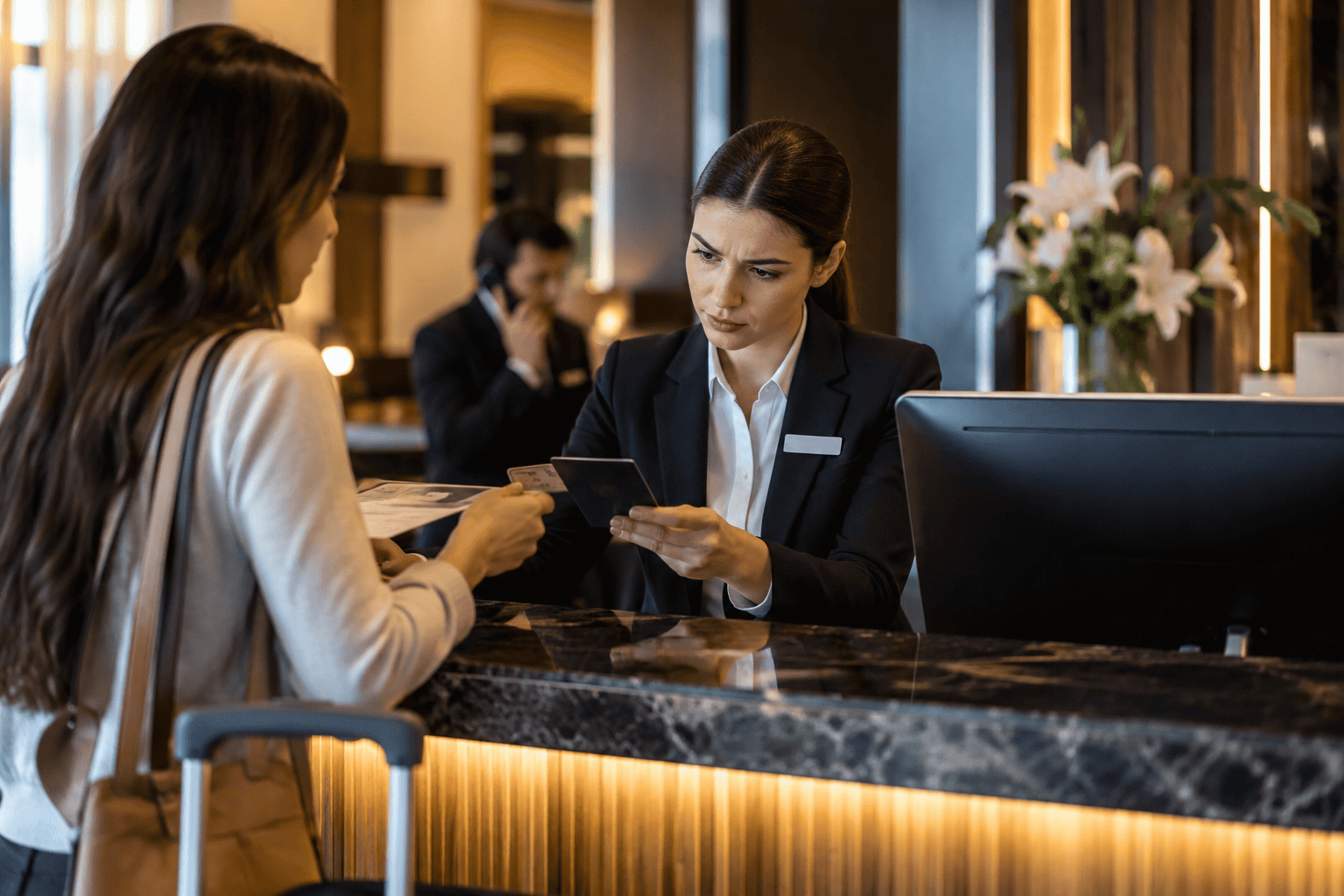 Hotel front desk employee verifying an employee discount rate and guest eligibility during check-in