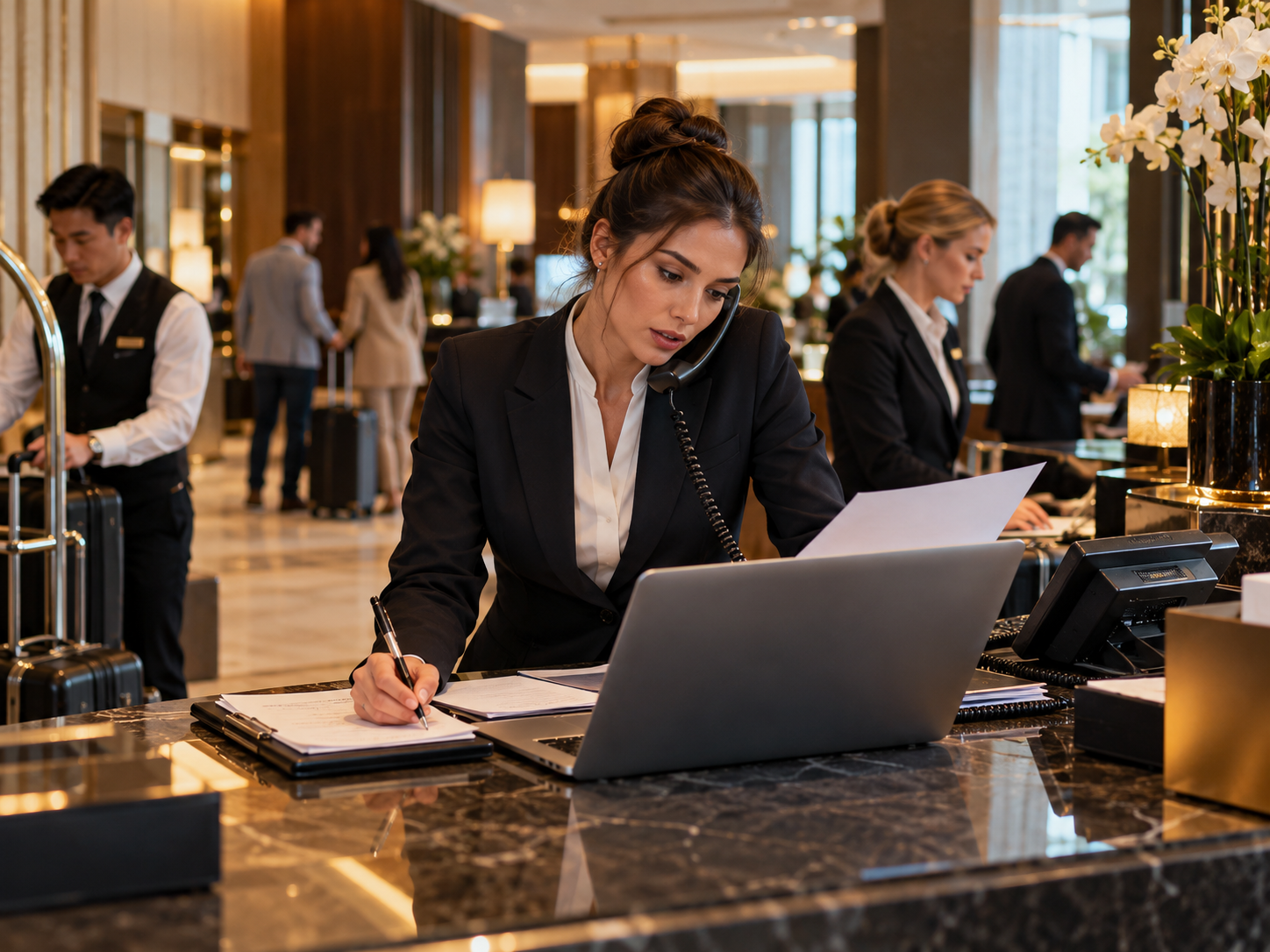 Overworked hotel supervisor managing multiple responsibilities during a busy shift, highlighting employee workload and hotel staff training