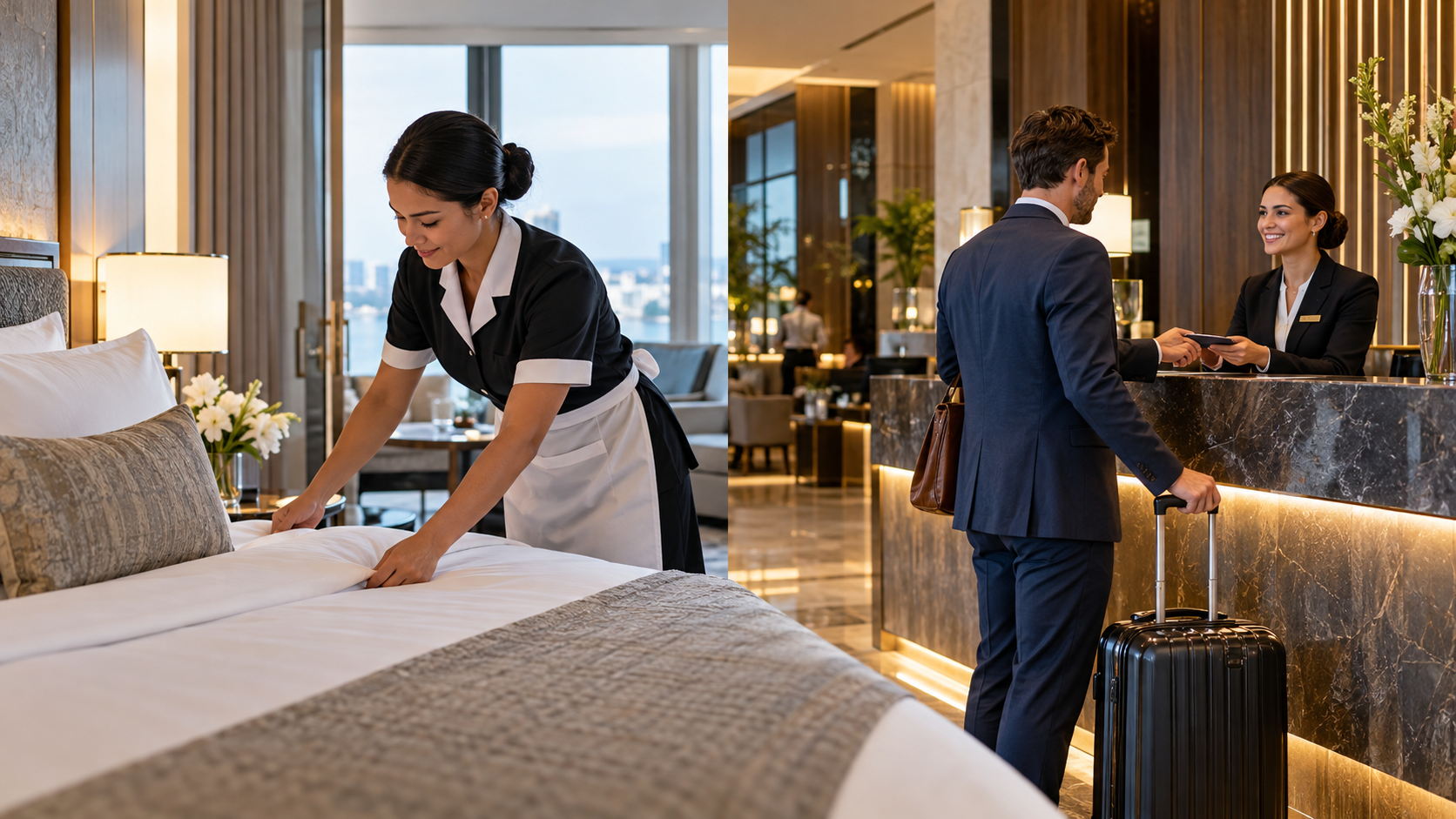 Hotel housekeeper and front desk receptionist comparing minimum hospitality wages in ten countries in 2026, with salaries converted to euros